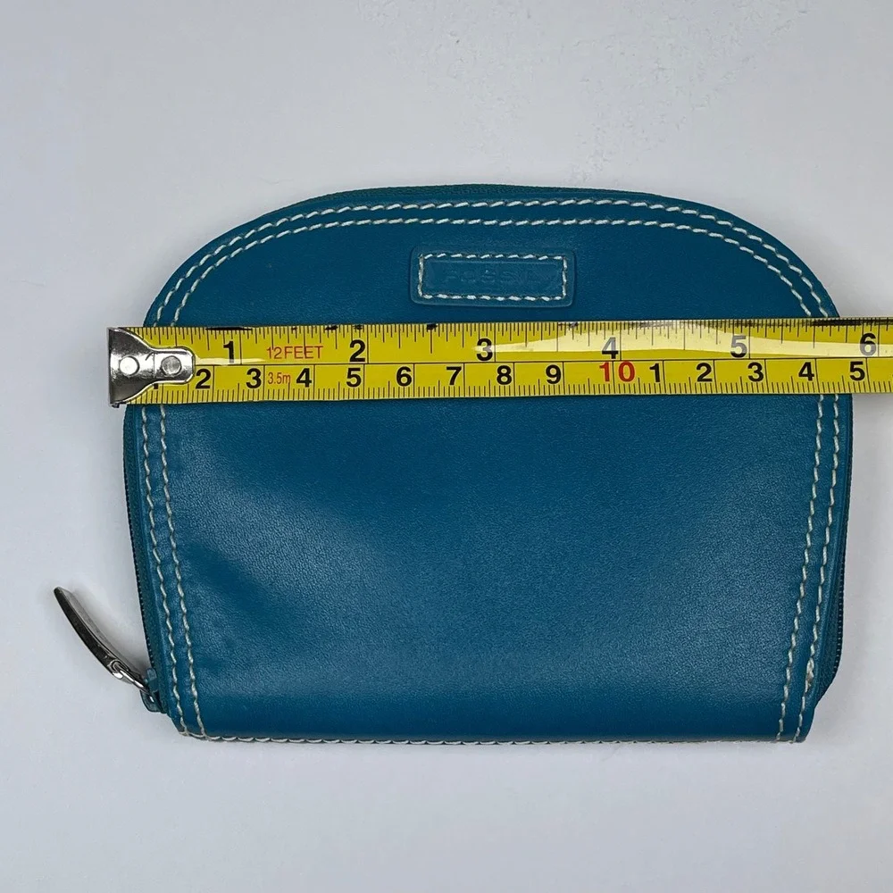 Fossil Jewelry Organizer Travel Case Teal Blue Leather Contrast Stitch Zip Pouch